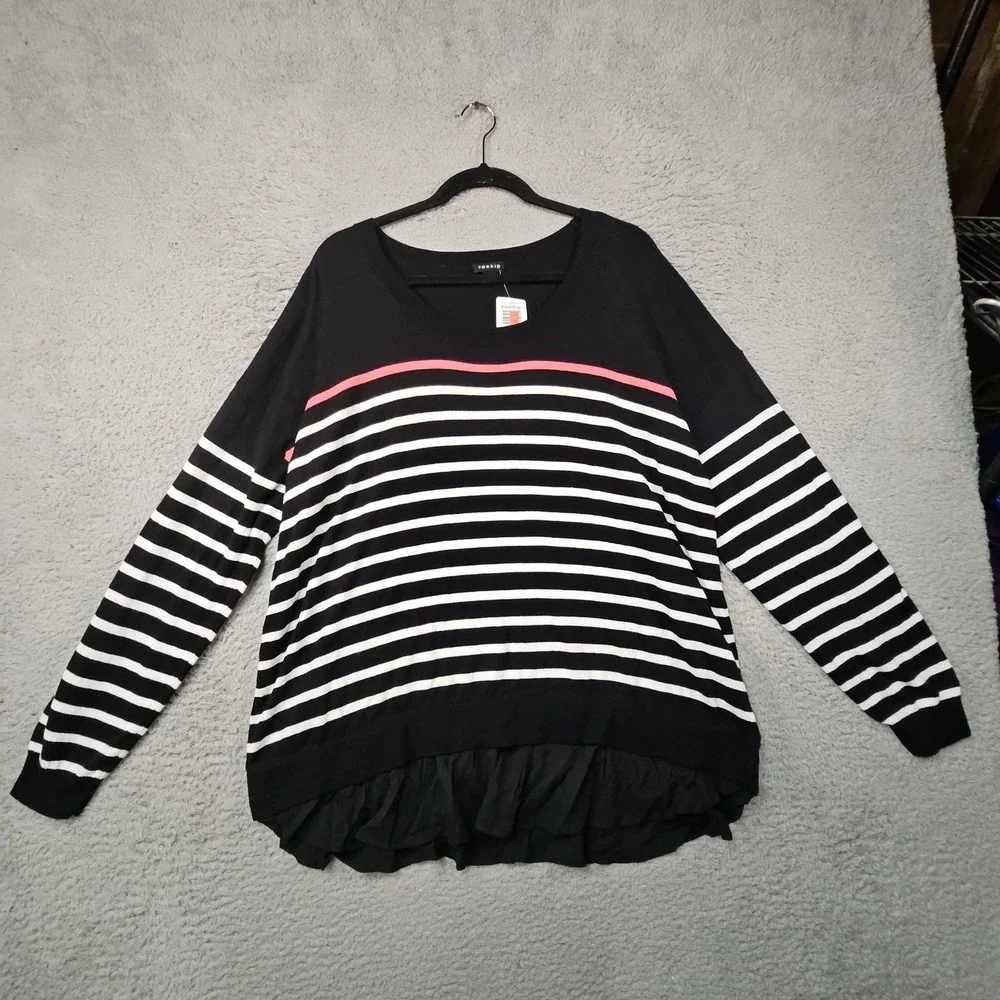 Torrid 1 Sweater Womens 1X Black Striped Layered Preppy Lagenlook Stretch Coral